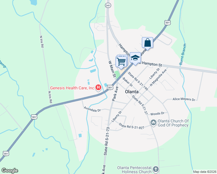 map of restaurants, bars, coffee shops, grocery stores, and more near 121 South Jones Road in Olanta