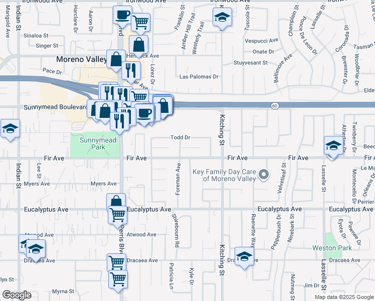 map of restaurants, bars, coffee shops, grocery stores, and more near 25319 Judith Place in Moreno Valley