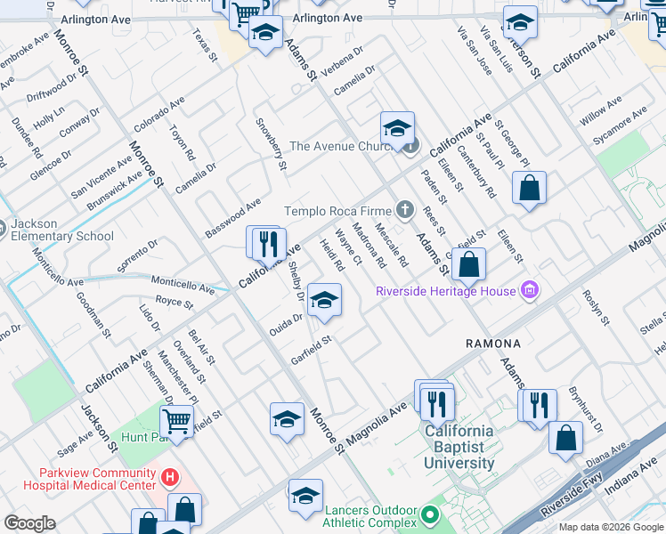 map of restaurants, bars, coffee shops, grocery stores, and more near 4126 Heidi Road in Riverside