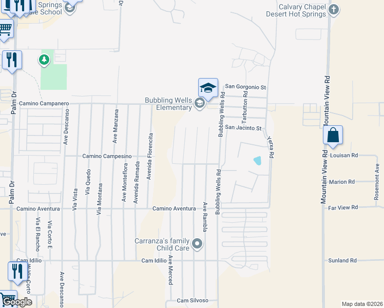 map of restaurants, bars, coffee shops, grocery stores, and more near 15470 Avenida Mirola in Desert Hot Springs