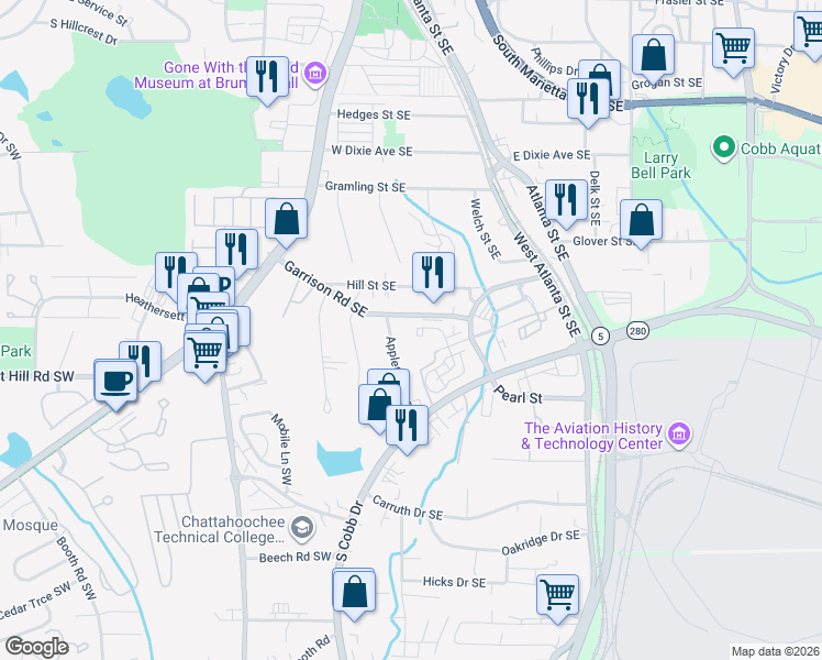 map of restaurants, bars, coffee shops, grocery stores, and more near 691 Appleton Drive Southeast in Marietta