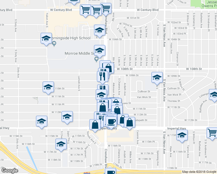map of restaurants, bars, coffee shops, grocery stores, and more near 10942 South Crenshaw Boulevard in Inglewood