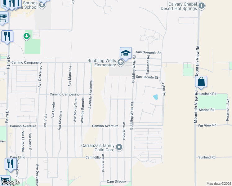 map of restaurants, bars, coffee shops, grocery stores, and more near 15470 Avenida Mirola in Desert Hot Springs