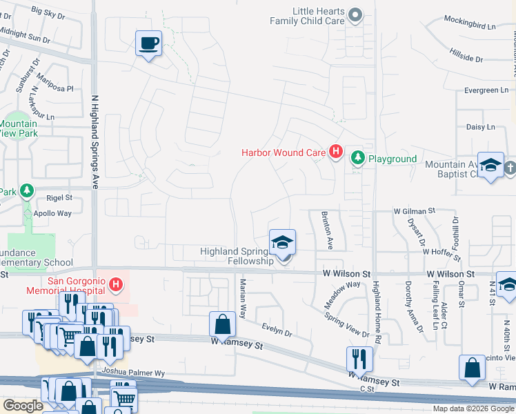 map of restaurants, bars, coffee shops, grocery stores, and more near 5465 Larkspur Road in Banning