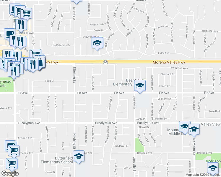 map of restaurants, bars, coffee shops, grocery stores, and more near 25773 Sweetleaf Street in Moreno Valley