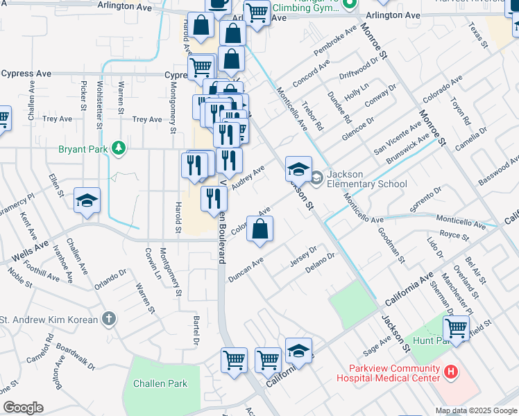 map of restaurants, bars, coffee shops, grocery stores, and more near 9211 Colorado Avenue in Riverside