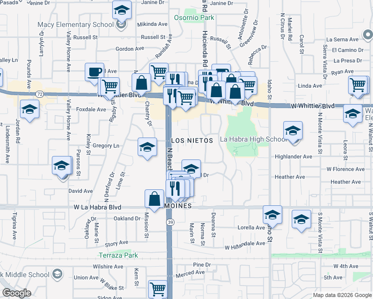 map of restaurants, bars, coffee shops, grocery stores, and more near 511 Ridgeway Lane in La Habra