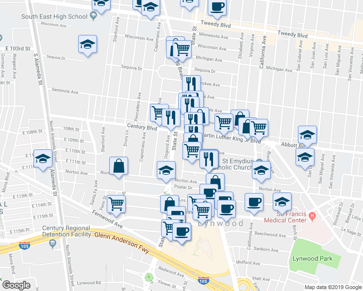 map of restaurants, bars, coffee shops, grocery stores, and more near 10731 Barlow Avenue in Lynwood