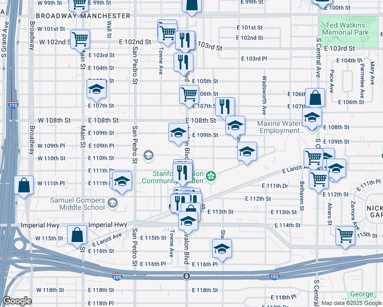 map of restaurants, bars, coffee shops, grocery stores, and more near 619 East 110th Street in Los Angeles