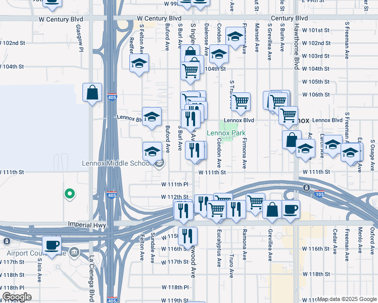 map of restaurants, bars, coffee shops, grocery stores, and more near 11002 South Burl Avenue in Inglewood