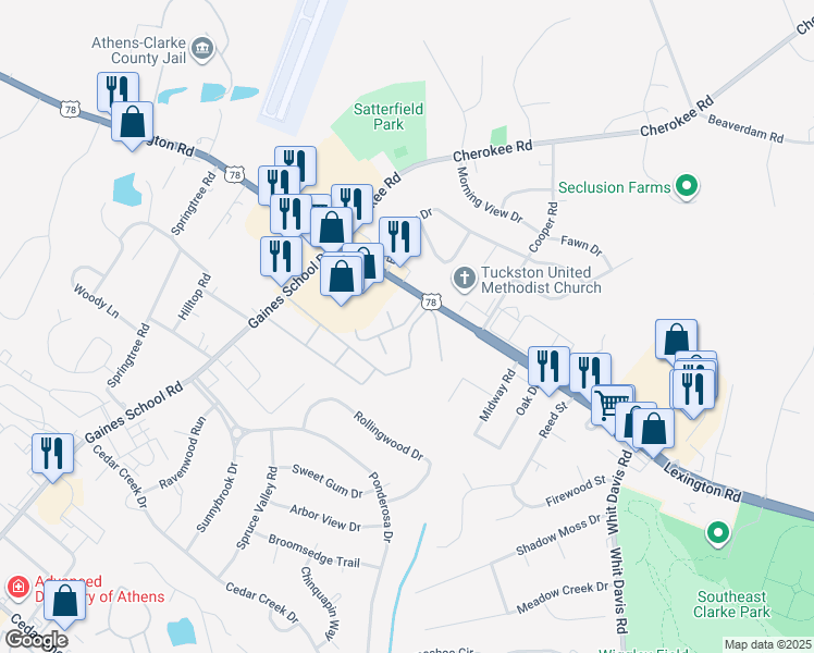 map of restaurants, bars, coffee shops, grocery stores, and more near 4150 Lexington Road in Athens