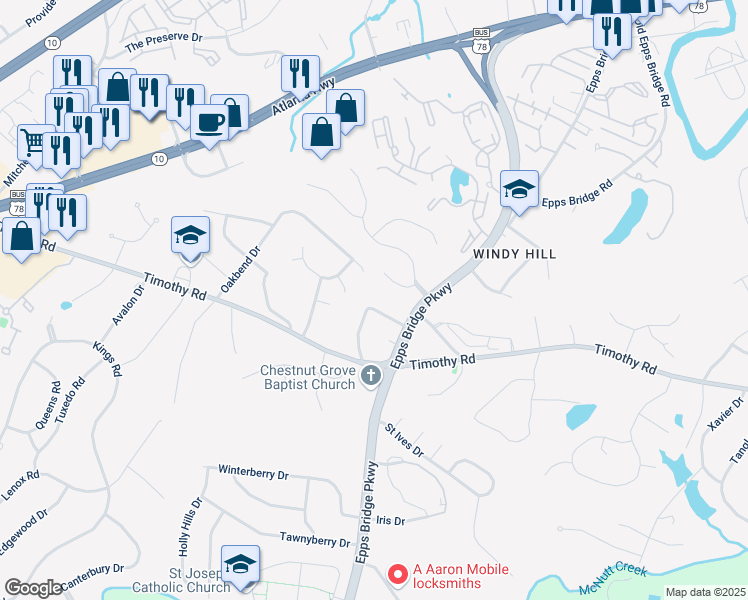 map of restaurants, bars, coffee shops, grocery stores, and more near 140 Kirkwood Drive in Athens