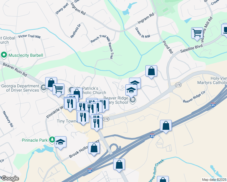 map of restaurants, bars, coffee shops, grocery stores, and more near 100 Castor Drive in Norcross