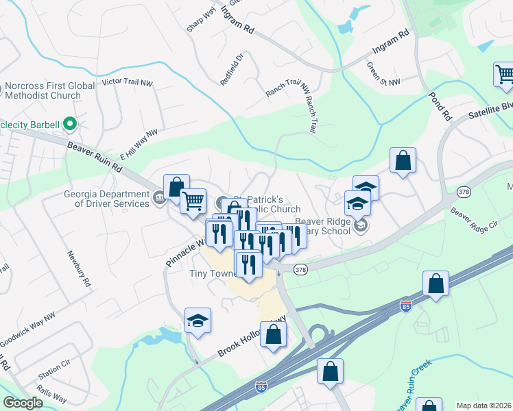 map of restaurants, bars, coffee shops, grocery stores, and more near 5052 Rockborough Trail Northwest in Norcross