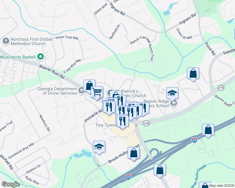 map of restaurants, bars, coffee shops, grocery stores, and more near 5082 Rockborough Trail Northwest in Norcross