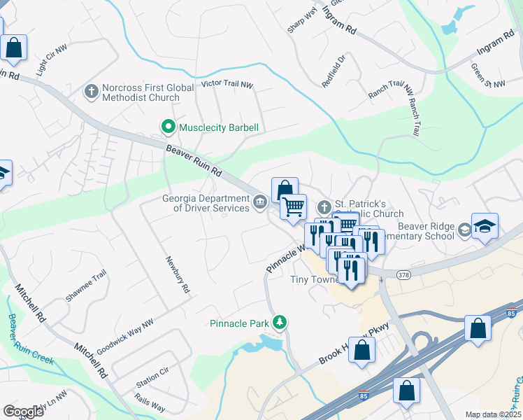 map of restaurants, bars, coffee shops, grocery stores, and more near 2211 Beaver Ruin Road in Norcross