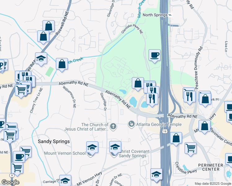 map of restaurants, bars, coffee shops, grocery stores, and more near 598 Abernathy Road Northeast in Sandy Springs