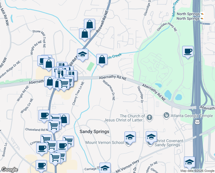map of restaurants, bars, coffee shops, grocery stores, and more near 6650 Williamson Drive Northeast in Atlanta