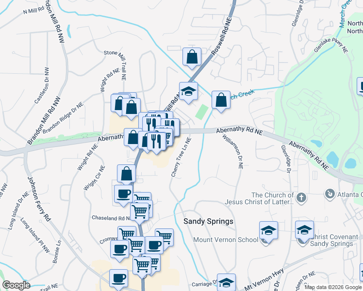 map of restaurants, bars, coffee shops, grocery stores, and more near 6629 Cherry Tree Lane Northeast in Atlanta