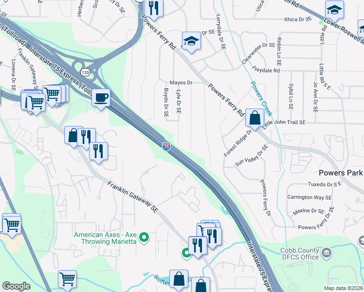 map of restaurants, bars, coffee shops, grocery stores, and more near 661 Lyle Drive in Marietta