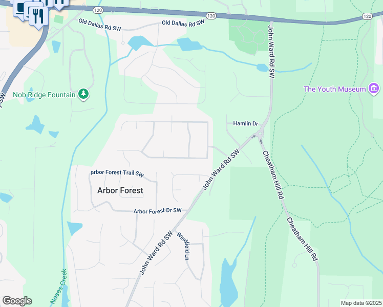 map of restaurants, bars, coffee shops, grocery stores, and more near 1909 Winding Creek Lane Southwest in Marietta