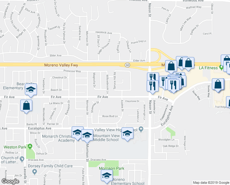 map of restaurants, bars, coffee shops, grocery stores, and more near 26699 Buckeye Terrace in Moreno Valley