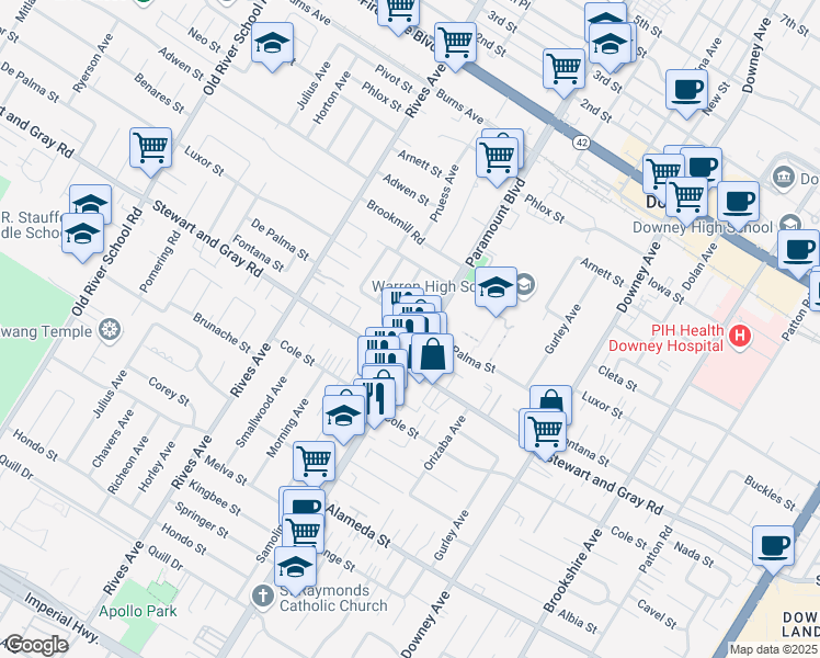 map of restaurants, bars, coffee shops, grocery stores, and more near 7978 De Palma Street in Downey