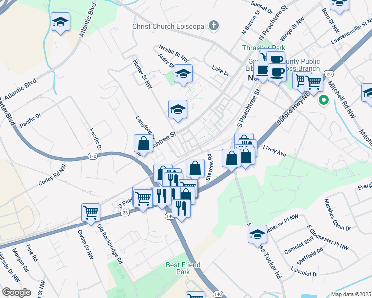 map of restaurants, bars, coffee shops, grocery stores, and more near 2564 Morehead Street in Norcross