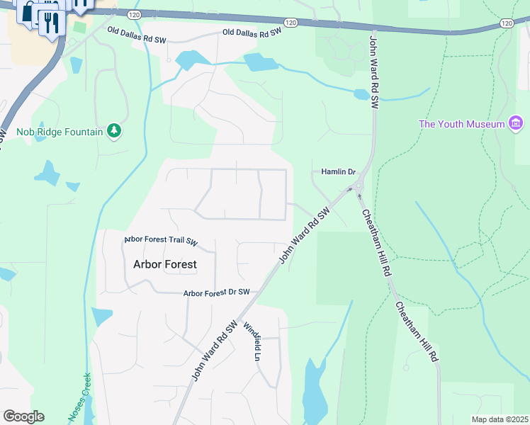 map of restaurants, bars, coffee shops, grocery stores, and more near 1909 Winding Creek Lane Southwest in Marietta