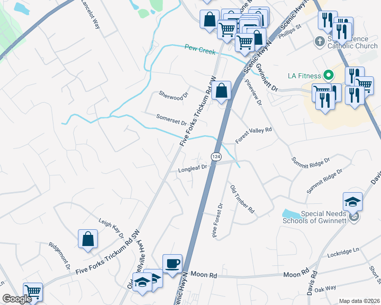 map of restaurants, bars, coffee shops, grocery stores, and more near 507 Cedargate Commons in Lawrenceville