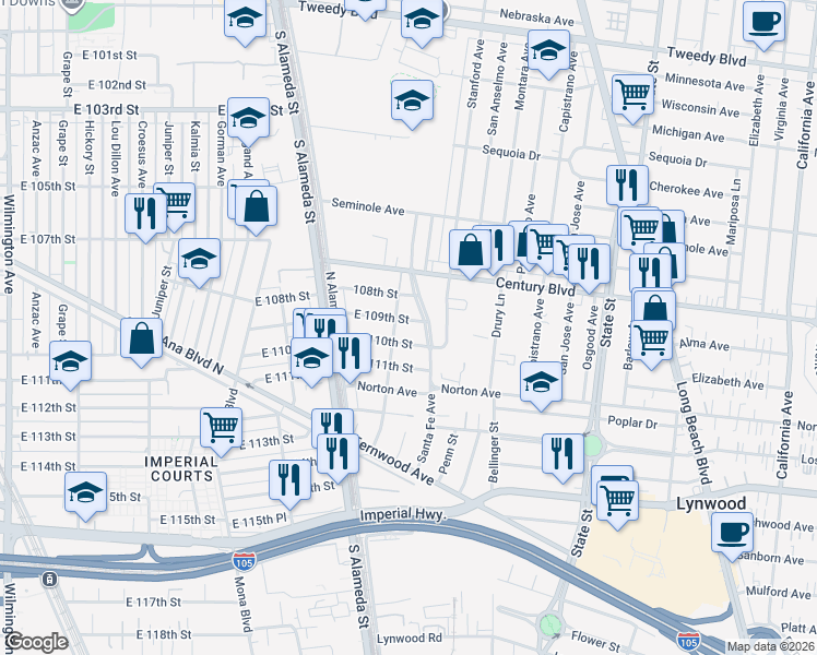 map of restaurants, bars, coffee shops, grocery stores, and more near 2714 East 109th Street in Lynwood