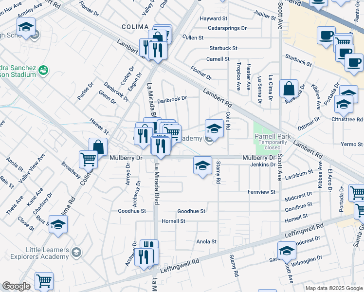 map of restaurants, bars, coffee shops, grocery stores, and more near 15067 Lindhall Way in Whittier