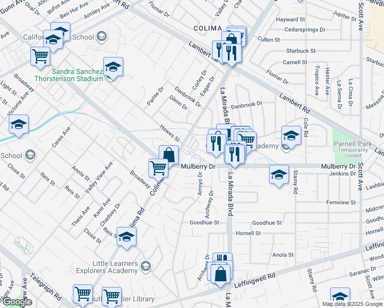 map of restaurants, bars, coffee shops, grocery stores, and more near 10704 Colima Road in Whittier
