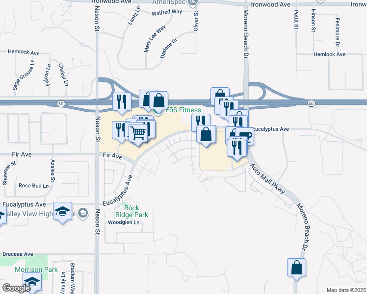 map of restaurants, bars, coffee shops, grocery stores, and more near 27416 Red Rock Road in Moreno Valley