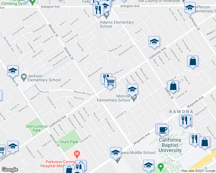 map of restaurants, bars, coffee shops, grocery stores, and more near 8610 California Ave in Riverside