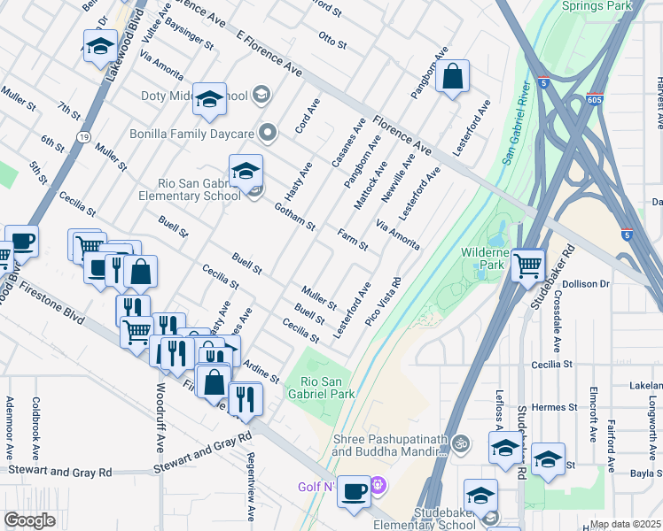 map of restaurants, bars, coffee shops, grocery stores, and more near 10524 Mattock Avenue in Downey