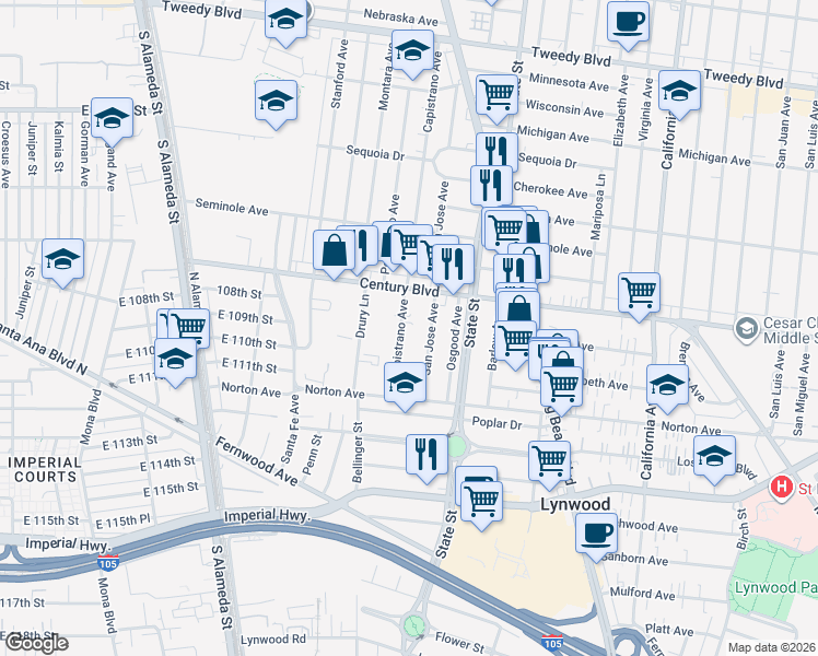 map of restaurants, bars, coffee shops, grocery stores, and more near 10742 Capistrano Avenue in Lynwood