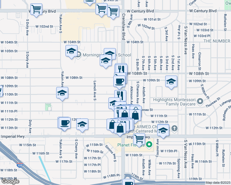 map of restaurants, bars, coffee shops, grocery stores, and more near 3129 West 110th Street in Inglewood