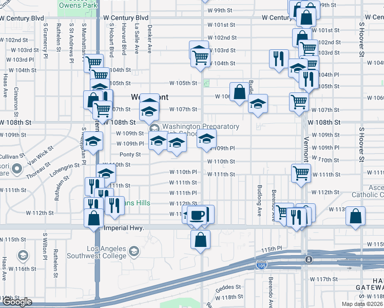 map of restaurants, bars, coffee shops, grocery stores, and more near 1445 West 110th Street in Los Angeles