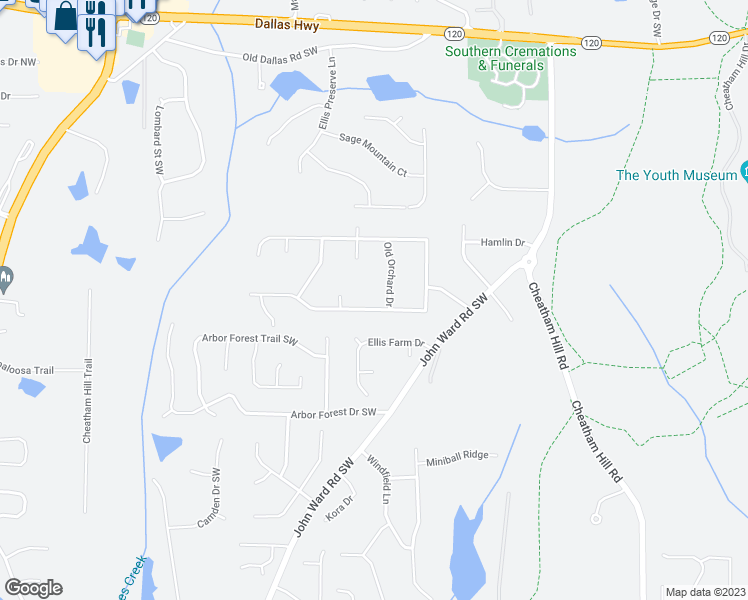 map of restaurants, bars, coffee shops, grocery stores, and more near 1897 Winding Creek Lane Southwest in Marietta