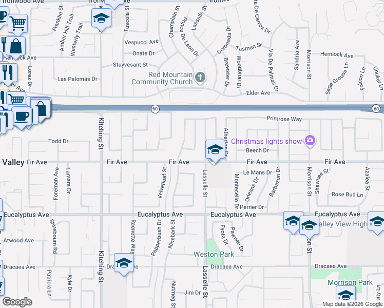 map of restaurants, bars, coffee shops, grocery stores, and more near 12696 Hackberry Lane in Moreno Valley