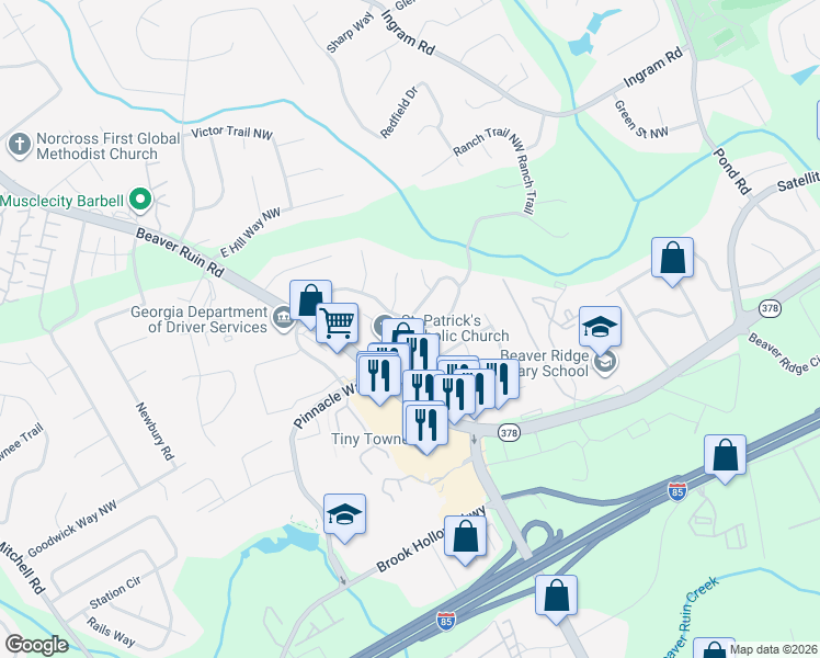 map of restaurants, bars, coffee shops, grocery stores, and more near 5082 Rockborough Trail Northwest in Norcross