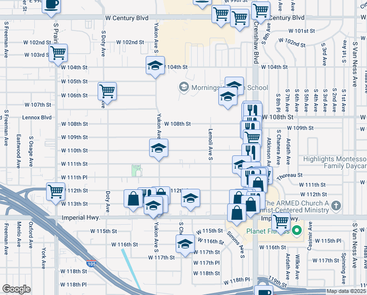 map of restaurants, bars, coffee shops, grocery stores, and more near 3435 West 110th Street in Inglewood