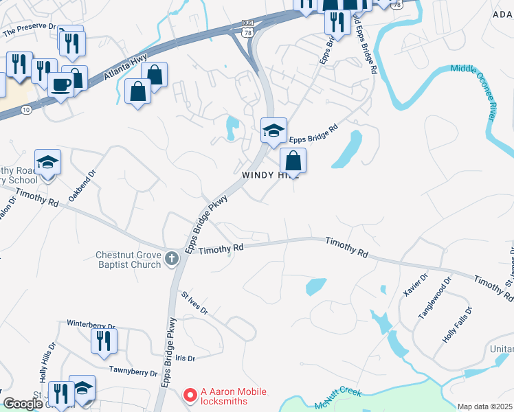 map of restaurants, bars, coffee shops, grocery stores, and more near 130 Windy Hill Place in Athens
