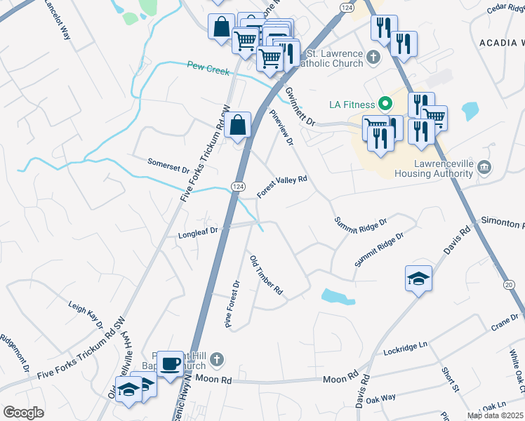 map of restaurants, bars, coffee shops, grocery stores, and more near 345 Forest Valley Road in Lawrenceville