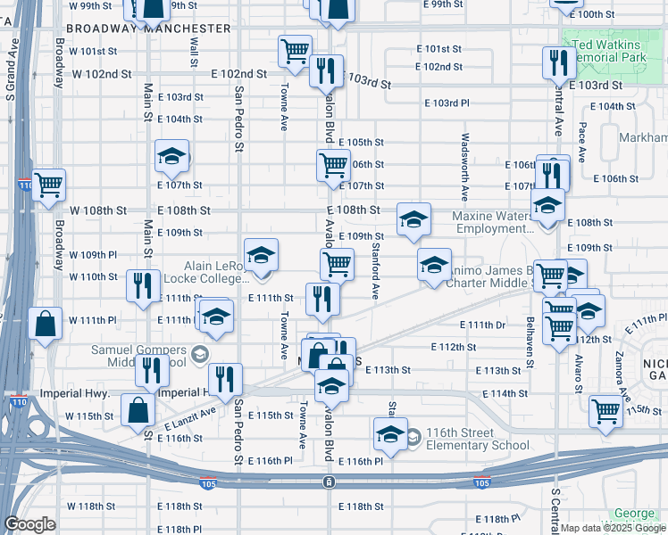 map of restaurants, bars, coffee shops, grocery stores, and more near 10960 South Avalon Boulevard in Los Angeles