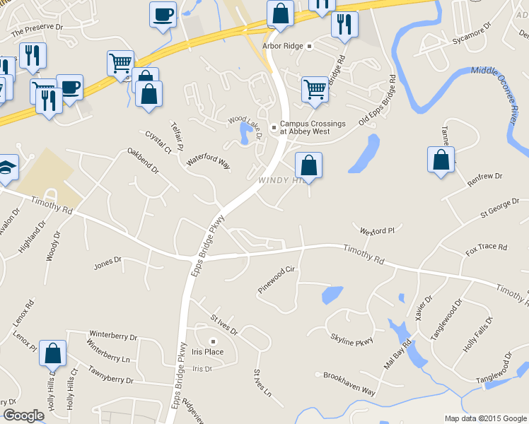 map of restaurants, bars, coffee shops, grocery stores, and more near 421 Old Epps Bridge Road in Athens