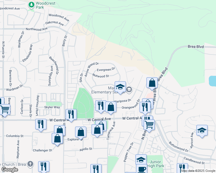 map of restaurants, bars, coffee shops, grocery stores, and more near 340 Pineridge Street in Brea