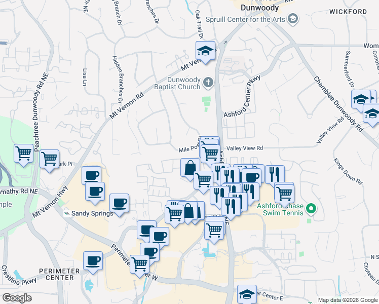 map of restaurants, bars, coffee shops, grocery stores, and more near 1318 Mile Post Drive in Dunwoody