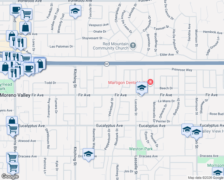 map of restaurants, bars, coffee shops, grocery stores, and more near 25773 Sweetleaf Street in Moreno Valley